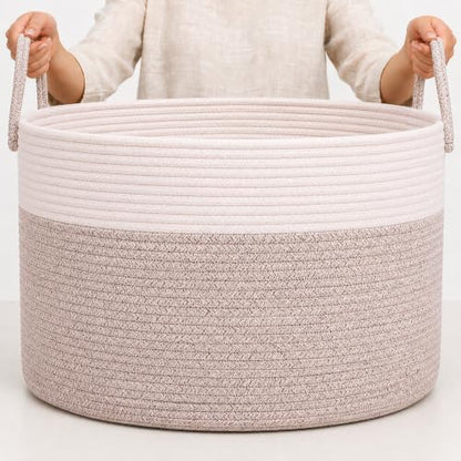 OrganiHaus Round Toy Basket & Blanket Basket, Cotton Rope 20x13" - color: Brown / Off-White, size: Wide