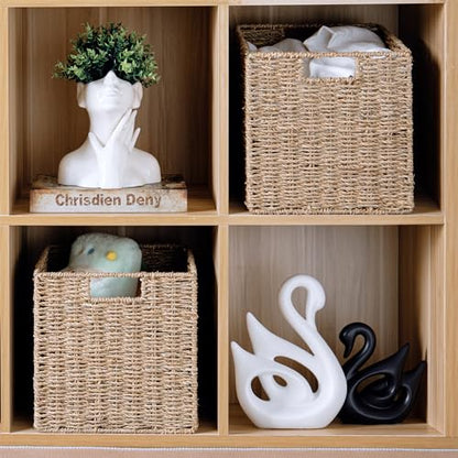 10.5 x 10.5in Cube Seagrass Storage Baskets, Foldable Square Wicker Storage Baskets for Shelves Set of 3, Large Cubby Rattan Basket, Collapsible Cube Storage Bins