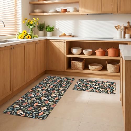 Kitchen Rugs for Floor 2 Pcs Memory Foam Padded Anti Fatigue Kitchen Mat - color: Black Mushroom