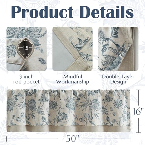 jinchan Floral Valance Curtain Linen 16 Inch Farmhouse 1 Panel Blue - color: Jacobean | Blue, size: 50"W x 16"L (Pack of 1)