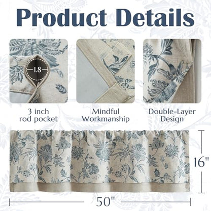jinchan Floral Valance Curtain Linen 16 Inch Farmhouse 1 Panel Blue - color: Jacobean | Blue, size: 50"W x 16"L (Pack of 1)