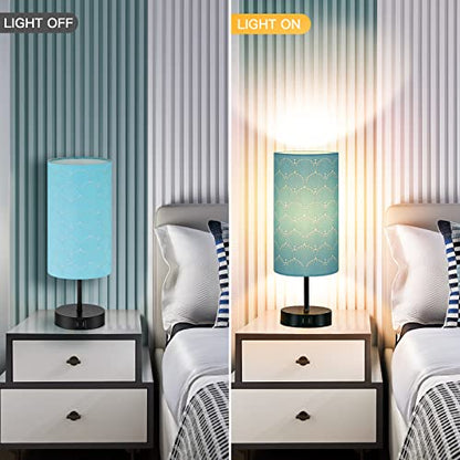 CINSARY Touch Control Bedside Lamp with 2 USB Ports, 3-Way Dimmable Table lamp for Bedroom, Nightstand Lamp with Round Blue Fabric Shade for Living Room Home Office (E26 LED Bulb Included) - color: Blue-15" H