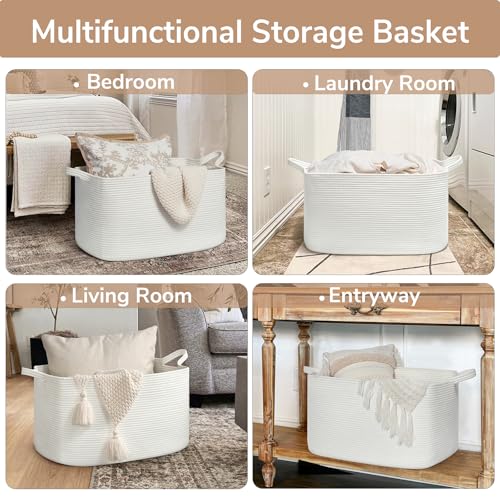 Goodpick Large Woven Rope Blanket Basket, Rectangle, White, 75L - color: White, size: Large(21.6"L x 14.9"W x 11.8"H)