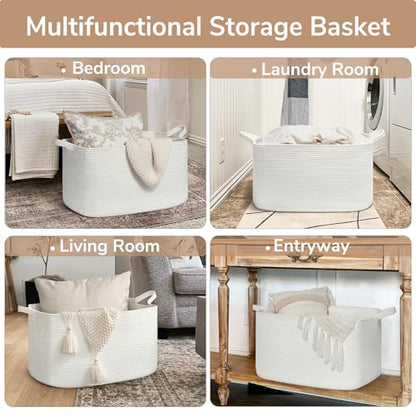 Goodpick Large Woven Rope Blanket Basket, Rectangle, White, 75L - color: White, size: Large(21.6"L x 14.9"W x 11.8"H)