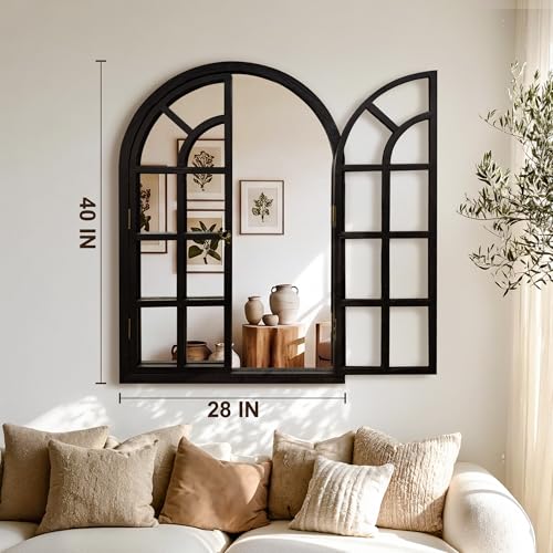 Arched Wood Mirror for Wall, 28" x 40" Rustic Farmhouse Mirror, Black - size: 40"L x 28"W