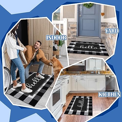 Geelin 2 Pcs Layered Hello Doormat, Black and White Buffalo Plaid Rug Set - style: Hello