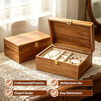 2-Piece Acacia Wooden Keepsake Storage Box with Flip-Top, Natural Color