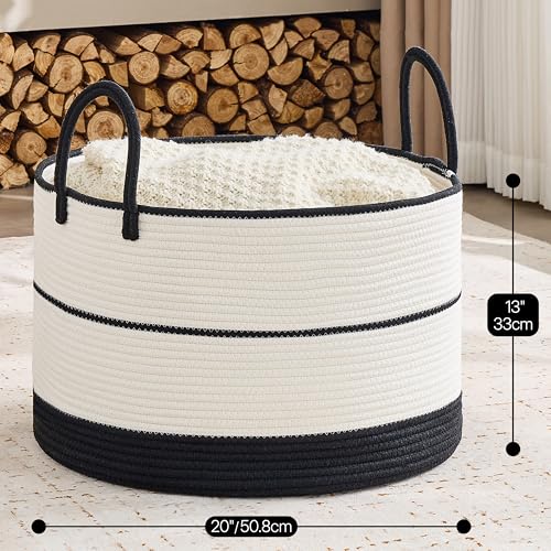 KAKAMAY Large Blanket Basket with Handles, Storage Basket for Living Room - color: Black and Beige