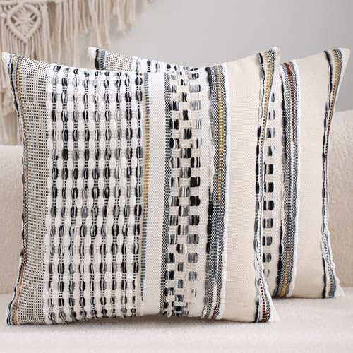 Boho Outdoor Throw Pillow Covers 18x18 Set of 2 Black White Grey - color: Black White and Grey