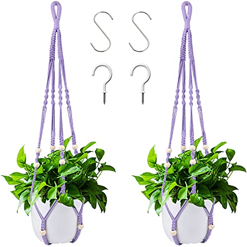 Augshy Macrame Hanging Planter, Hanging Planters for Indoor Outdoor Home Decor, Hanging Plant Holder No Tassels Set of 2 with 4 Hooks - color: Purple, size: 35 Inches