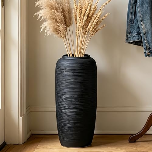 Black Rustic Ceramic Floor Vase, 15.7 Inch, Ribbed Texture - size: 15.7 Inch