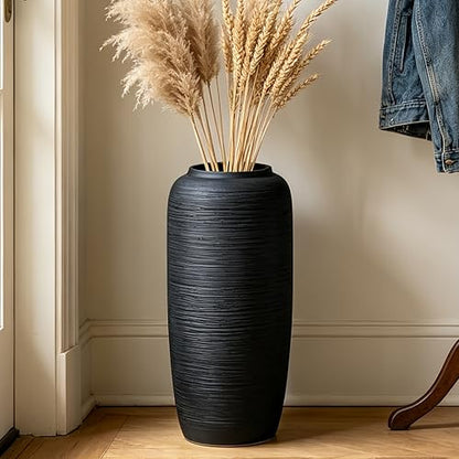 Black Rustic Ceramic Floor Vase, 15.7 Inch, Ribbed Texture - size: 15.7 Inch