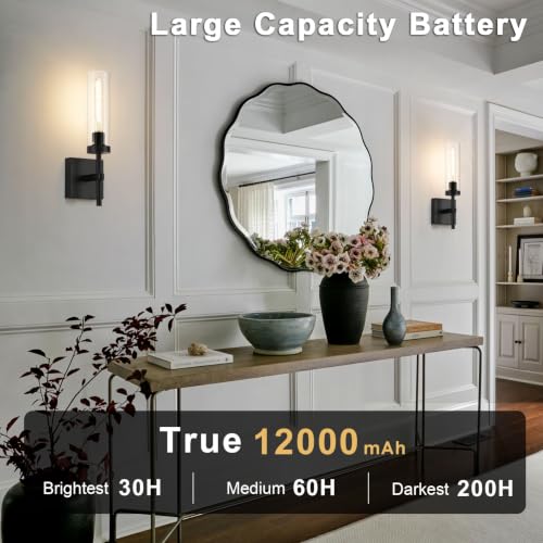SANTOSTOCK Black Wireless Wall Sconces with Remote Control, Battery Operated Wall Sconce Set of 2, Rechargeable Dimmable Wall Lights for Bedroom Living Room Bathroom Hallway Entryway Stairwell, 3000K - color: Black & Clear Glass, size: Battery 16 Inch