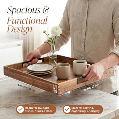 22" x 22" Large Square Acacia Wood Ottoman Tray with Extended Metal Handles, Oversized Decorative Serving Tray for Coffee Table, Ottoman, Breakfast in Bed & Living Room Decor