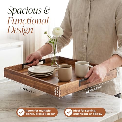 22" x 22" Large Square Acacia Wood Ottoman Tray with Extended Metal Handles, Oversized Decorative Serving Tray for Coffee Table, Ottoman, Breakfast in Bed & Living Room Decor