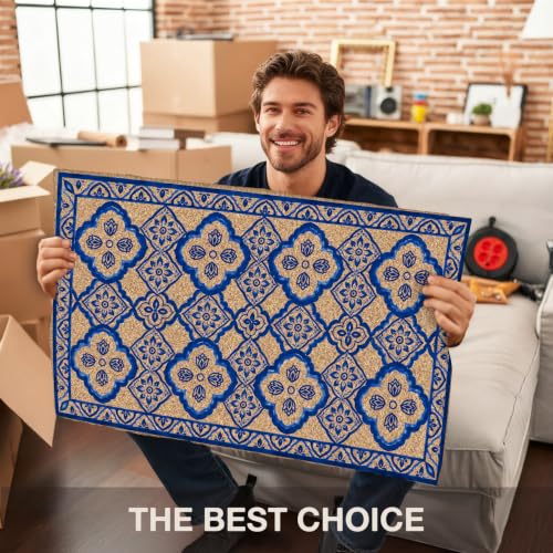 Blue Boho Tile Floral Faux Coco Coir Doormat Door Mat 17x30 Inch - color: Chinoiserie