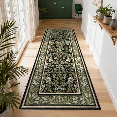 GarveeHome 2.5x8 Runner Rug Non Slip Washable Hallway Runners Green Black | Boho Vintage Runner Rugs with Rubber Backing Soft Low-Pile Stain Resistant Indoor Long Carpet for Kitchen Entryway Bedroom - color: Green Black, size: 2'6" x 8' (Rectangular)