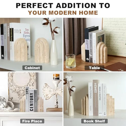 Natural Marble Book Ends - Heavy Duty Bookends for Shelves - Aesthetic Layered Arch Design Stone Book Holders, Unique Modern Office Bookshelf Stopper Decor for Books/CDs(Travertino Turkey) - style: Arched-Beige