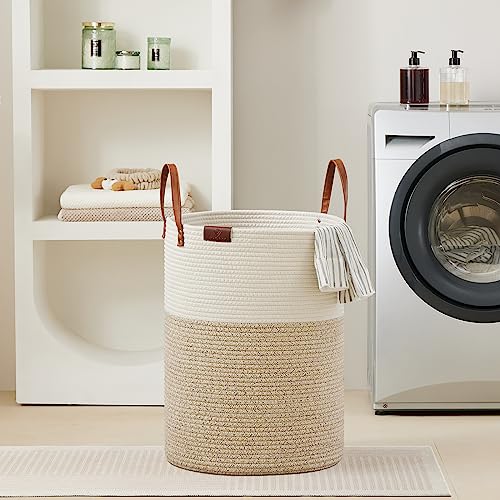 VIPOSCO 100L Tall Woven Rope Laundry Hamper, Leather Handles, White & Brown - color: Brown, size: 100L