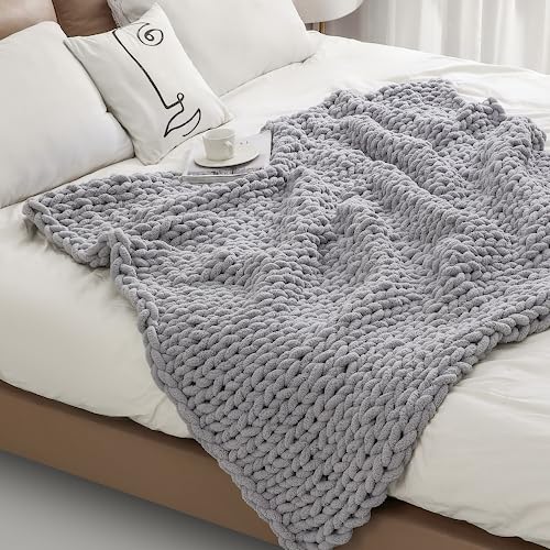 Soft Chunky Knit Throw Blanket for Couch, Cozy Warm Knitted Blankets - color: Gray, size: 40"x60"(Medium Size Throw)