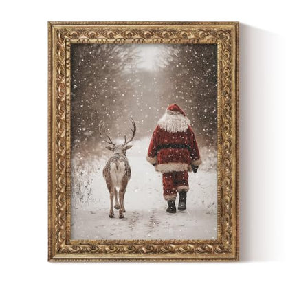 VIYYIEA Gold Framed Canvas Wall Art, Santa and Reindeer Art, 11x14 Inch - color: Santa and Reindeer