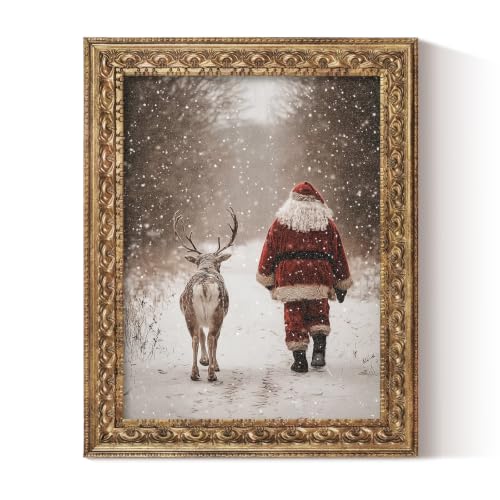 VIYYIEA Gold Framed Canvas Wall Art, Santa and Reindeer Art, 11x14 Inch - color: Santa and Reindeer