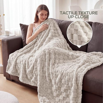 Utopia Bedding Plush Checkered Fleece Blanket Linen Queen, 90x90 Inches - color: Linen, size: Queen