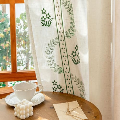 Beige linen blend brown embroidery Floral Grommet Curtains 55X83", 2 Panels - color: Grass Greenn, size: 55"W x 83"L (Pack of 2)
