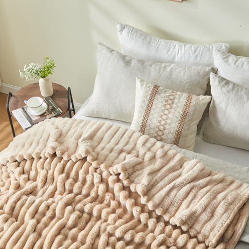 NEWCOSPLAY Fleece Ribbed Cozy King Blanket for Couch, Brown, 90"x110" - color: Brown Ribbed, size: King(90"x110")