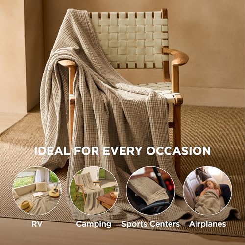 Bedsure 100% Cotton Muslin Blankets for Adults, Large Throw, Light Brown - color: 04 - Light Brown, size: Throw XL (50" X 70")