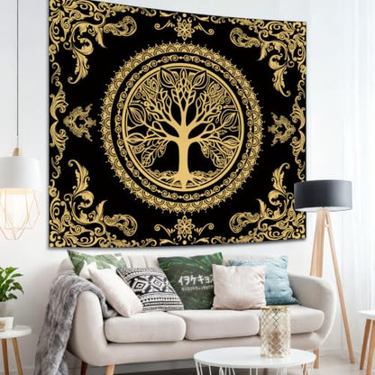 Black Golden Boho Tapestry for Bedroom, Hippie Tree of Life Wall Tapestries - color: H - Black Golden Tapestry, size: 60"L x 51"W