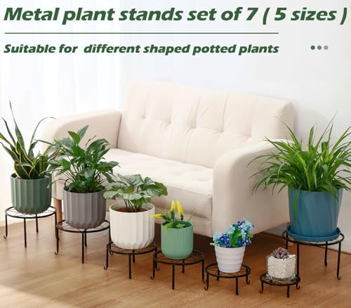 7-pack Metal Plant Stands Indoor Outdoor Rustproof Iron Potted Plant Holder Heavy-duty Round Flower Pot Riser Shelf for Garden, Patio, Corner Stand with Clear Water Tray 6.9"/ 7.9"/ 9"/ 10"/ 11" - size: 7 Pack (6.9, 7.9, 9, 10, 11 inch)