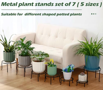 7-pack Metal Plant Stands Indoor Outdoor Rustproof Iron Potted Plant Holder Heavy-duty Round Flower Pot Riser Shelf for Garden, Patio, Corner Stand with Clear Water Tray 6.9"/ 7.9"/ 9"/ 10"/ 11" - size: 7 Pack (6.9, 7.9, 9, 10, 11 inch)