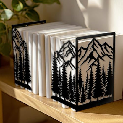 Peacoblue 5.5"x4.3"x8.3" Metal Bookends, Heavy Duty Book Ends for Shelves - style: Mountains and Forests