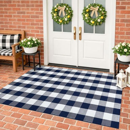 KILOCOCO Buffalo Plaid Checkered Rug 4x6 ft Blue and White Front Door Rug - color: Blue and White, size: 4' x 6' (Rectangular)