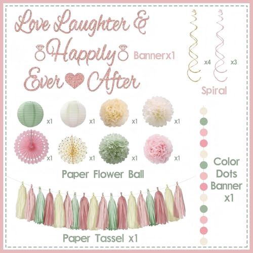 Bridal Shower Decorations,Sage Green Pink Bridal Shower Decorations Includes Love Laughter Happily Ever After Decorations Paper Flower Ball Wedding Decorations for Home Party Bachelorette Party - style: Pink