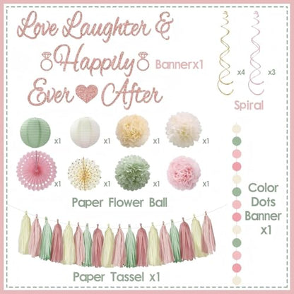 Bridal Shower Decorations,Sage Green Pink Bridal Shower Decorations Includes Love Laughter Happily Ever After Decorations Paper Flower Ball Wedding Decorations for Home Party Bachelorette Party - style: Pink