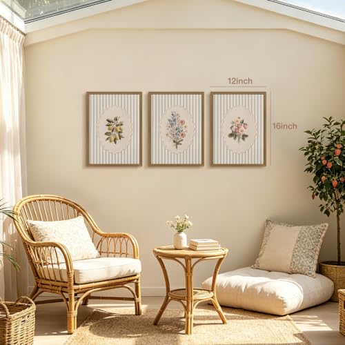 OPFDE Wood Framed Vintage Botanical Wall Art Set of 3, Embroidered Wildflower Lemon Strawberry Poster Prints, Blue Stripe Farmhouse Wall Decor, Cottagecore Floral Artwork for Kitchen 12x16 Inch - color: Embroidered, size: 16"L x 12"W