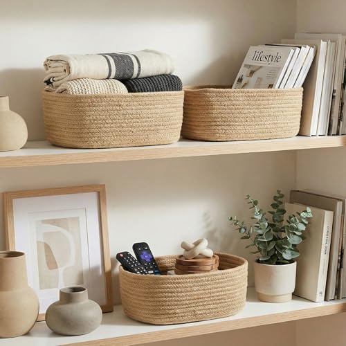 Beautiful Storage Basket Set of 3 - Sturdy Jute Rope Baskets for Shelves - color: Jute-Brown