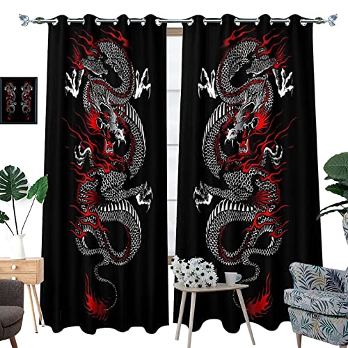 Fantasy Chinese Dragon Curtains - Cool Retro Black Red Japanese Anime Dragon Window Treatment Room Darkening Blackout Curtains Thermal Insulated Grommet Curtains 2 Panels 54L x 21W - color: Fantasy Chinese Dragon, size: 42"W x 54"L (Pack of 1)