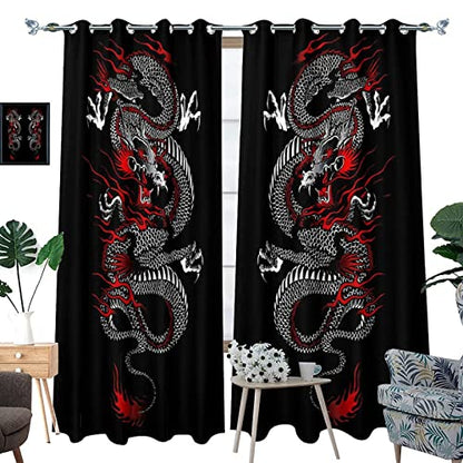 Fantasy Chinese Dragon Curtains - Cool Retro Black Red Japanese Anime Dragon Window Treatment Room Darkening Blackout Curtains Thermal Insulated Grommet Curtains 2 Panels 54L x 21W - color: Fantasy Chinese Dragon, size: 42"W x 54"L (Pack of 1)