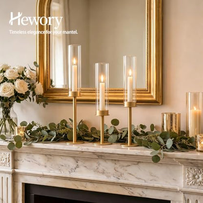 Hewory Gold Candlestick Holders: 3PCS Glass Hurricane with Brass Base - color: Matte Gold, size: 3pcs