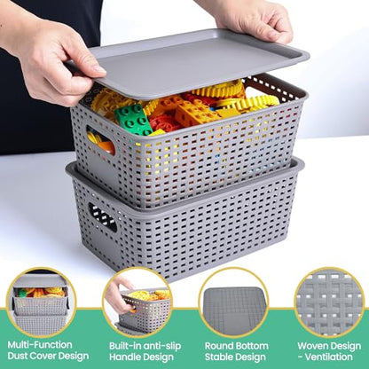 Ohmlove 8 Pack Plastic Storage Baskets with Lids for Organization - color: Gray