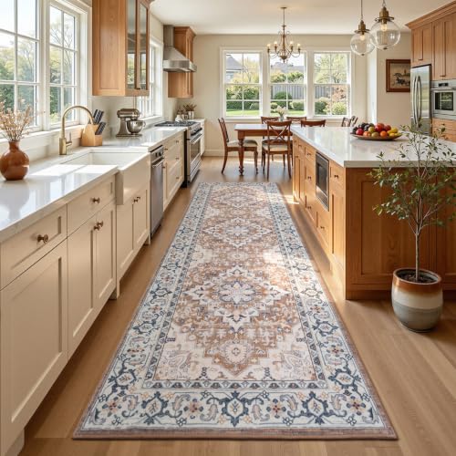 Lofus 3x10 Hallway Kitchen Washable Runner Rug, Entry Long Carpet Brown - color: Floral Brown, size: 3' x 10' (Runner)