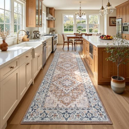 Lofus 3x10 Hallway Kitchen Washable Runner Rug, Entry Long Carpet Brown - color: Floral Brown, size: 3' x 10' (Runner)