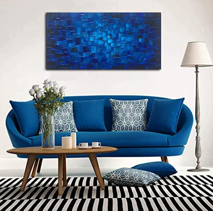 MyArton Large Abstract Dark Blue Square Canvas Wall Art Hand Painted Textured Oil Painting on Canvas Ready To Hang Artwork 56x28inch - color: Blue, size: 56"L x 28"W