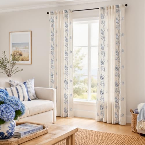 jinchan Linen Curtains 84 Inch Blue Floral Drapes Back Tab 2 Panels Set - color: Blue on Beige, size: 50"W x 84"L (Pack of 2)