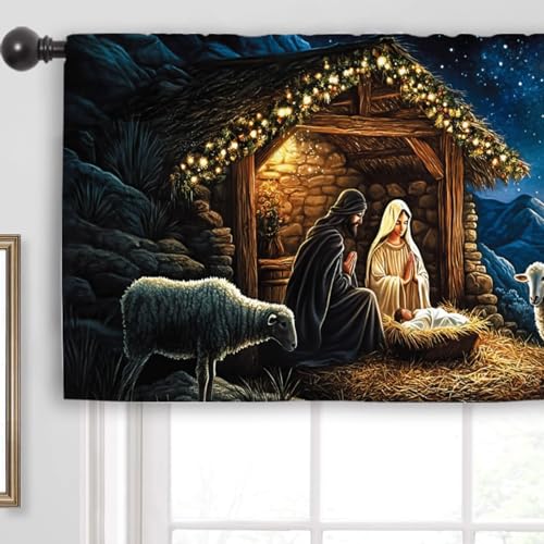 Miyotaa Christmas Holy Kitchen Curtain Valance 54W x 18H Rod Pocket Winter Night Xmas Holiday Religious Christian Window Treatment for Living Room Bedroom Bathroom - color: Blue Night, size: 54"W x 18"L (Pack of 1)