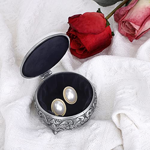 Hipiwe Metal Jewelry Box Vintage Ring Holder Small Round Trinket Organizer - style: Round,Silver