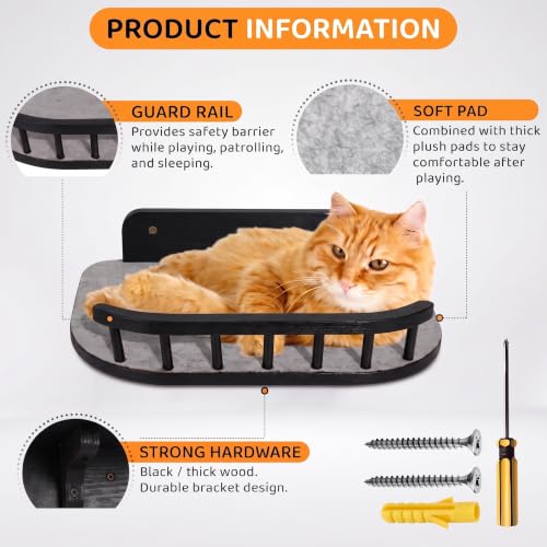 Cat Wall Shelves, Modern Cat Wall Furniture for Indoor Cats - Black - color: Black, 3 Steps + Perch